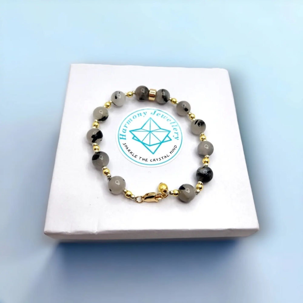 Rutilated Quartz, Golden Hematite gold plated clasp bracelet  8 mm